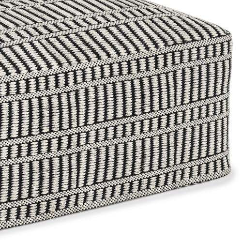 SIMPLIHOME Safford Square Pouf - 20 inch Wide Upholstered PET Polyester Ottoman in Black and White, Boho Indoor/Outdoor Footstool or Extra Seating for Living Room, Bedroom, or Patio, Assembled