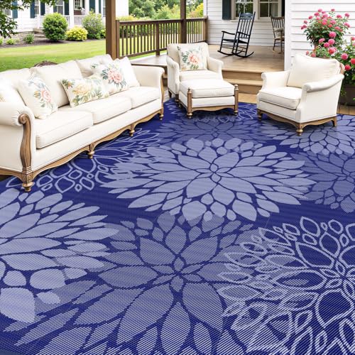 Mattitude Outdoor Rug 8' x 10' Waterproof, Reversible Portable Plastic Straw Area Rugs, Patio Carpet for RV Camping, Porch, Deck, Backyard, Camper, Pool, Picnic, Blue & White