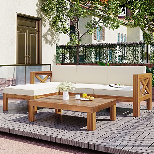 YSWH 5-Piece Patio Acacia Wood Outdoor Furniture Sectional Conversation Sets Sofa Set with Slatted Tabletop Tea Table and X-Back Wood Frame, Removable Cushions