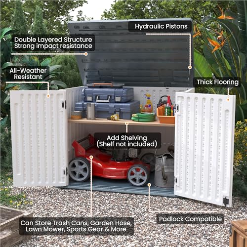 UDPATl0 35 Cu.Ft Horizontal Outdoor Storage Shed, Resin Outdoor Cabinet Waterproof & Lockable for Generator, Garbage Can Garden Tools, White, White & Grey Trim