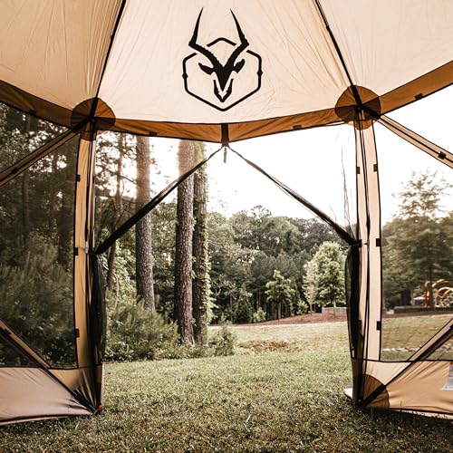 Gazelle Tents™, G6 6-Sided Portable Gazebo, Easy Pop-Up Hub Screen Tent, Durable, TriTech Mesh, Waterproof, UV Resistant, 8-Person & Table, Desert Sand, 86" x 124" x 124", GG602DS