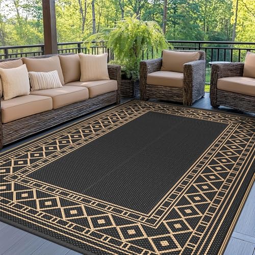 GENIMO Outdoor Rug Waterproof 8'x10' for Patio, Foldable Reversible Plastic Straw Carpet for Travel Trailers, Outside Area Mat for Rv, Deck, Picnic, Porch, Camper, Balcony, Beach, Black & Brown