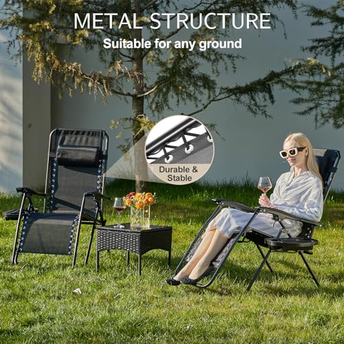 Sweetcrispy Zero Gravity Chairs, Set of 2 Portable Recliner Beach Camping Patio Outdoor Folding Lounge Chair with Cup Holder Trays and Adjustable Pillow for Poolside, Garden, Backyard, Lawn, Black