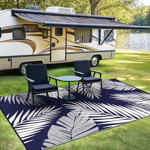 sarben Outdoor Rug 5’x8’ Waterproof for Patio Clearance, Reversible Indoor Outdoor Plastic Straw Camping Rug Carpet, RV Mat, Large Area Rug for Deck, Backyard, Balcony, Porch, Beach, Blue & White