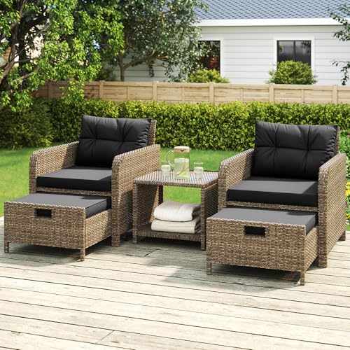 GULAIMOAO Balcony Furniture 5 Pieces Patio Set, Hand-Woven Rattan Patio Conversation Set with Soft Cushions & Coffee Table, Outdoor Chairs with Hidden Ottoman for Porch, Lawn, Garden, Balcony, Black