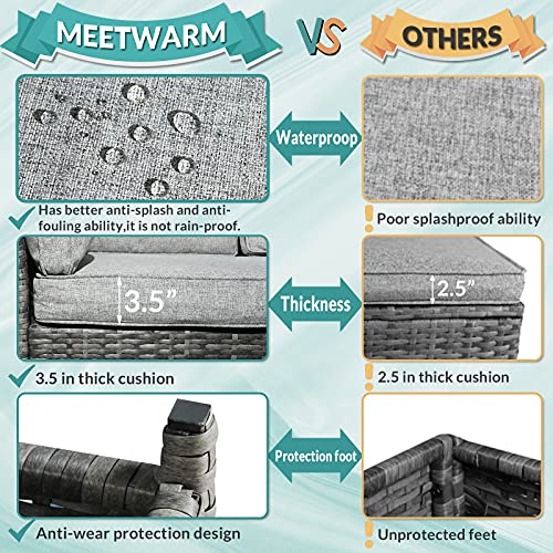MEETWARM 7 Pieces Wicker Patio Furniture Set Outdoor Conversation Set All Weather Rattan Sectional Sofa Couch Garden Dining Table Chair Set with Ottoman (Gray)