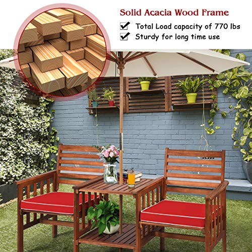 Tangkula Acacia Wood Loveseat, 3pcs Outdoor Table Chairs Set, Patio Conversation Set w/Coffee Table and Soft Cushions, 2.1-inch Umbrella Hole, 2-Seater Furniture Set (Red)