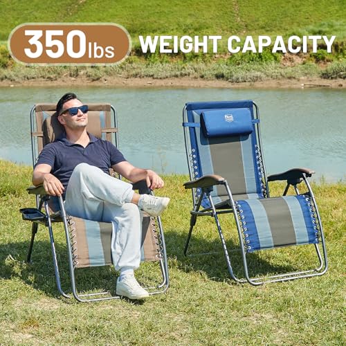 TIMBER RIDGE Outdoor Reclining Patio Padded with Adjustable Headrest and Cup Holder Foldable Zero Gravity Lawn Chair XL for Adults, Support up to 350 LBS, Brown,1 Count