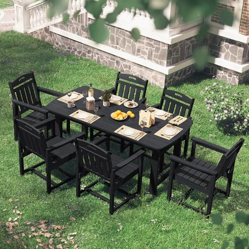 SUUNYN HDPE Outdoor Dining Set, Patio Table and Chairs Set, All-Weather 7-Piece Outside Table and 6 Chairs, 2" Umbrella Hole, Outdoor Furniture for Garden, Poolside, Backyard, Deck | Black