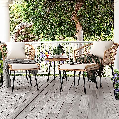 YITAHOME 2-Piece Outdoor Wicker Ottoman, All-Weather Patio Rattan Foot Rest with Cushions - Beige