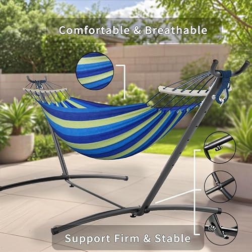 ANAGOO Double Hammock with Stand, 2 Person Hammock with Anti-Rollover Spreader Bar, Adjustable Height Heavy Duty Steel Stand, 500LB Capacity Portable Hammock for Patio Backyard Camping, Wide Blue