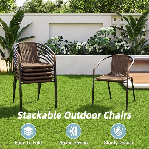 Amopatio Outdoor Dining Chairs Set of 6, Stackable Outdoor Patio Chairs, Rattan Patio Chairs Set of 6, for Porch, Deck, Yard, Garden, Poolside, Bistro, Restaurant, 6 Pack, Brown
