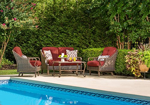 Hanover Ventura Outdoor 4-Piece Conversation Set with Loveseat, 2 Rocking Chairs, Crimson Red Cushions, 4 Pillows and Ceramic Tile Coffee Table, All-Weather 4-Piece Patio Set
