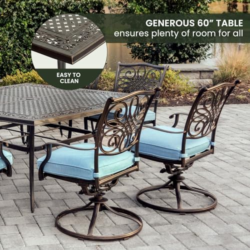 Hanover Traditions 9-Piece Rust Resistant Aluminum Outdoor Patio Dining Set with Blue Cushions, Swivel Rockers and Aluminum Square Dining Table, Outdoor Dining Set For 8