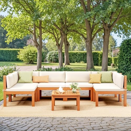 Devoko Outdoor Sectional Couch 7 Pieces Patio Sectional Sofa with Acacia Wood Coffee Table, Outdoor L-Shaped Couch with All-Weather Cushion for Patio,Deck,Backyard(White)