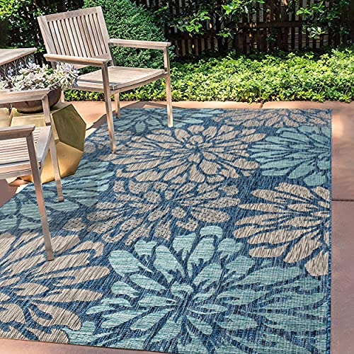 JONATHAN Y Floral Textured Weave Indoor Outdoor Area Rug 8X10 Navy/Aqua, Zinnia Modern for Backyard, Patio, Porch, Easy-Cleaning, High Traffic, Pet-Friendly, Non-Shedding (SMB110C-8)