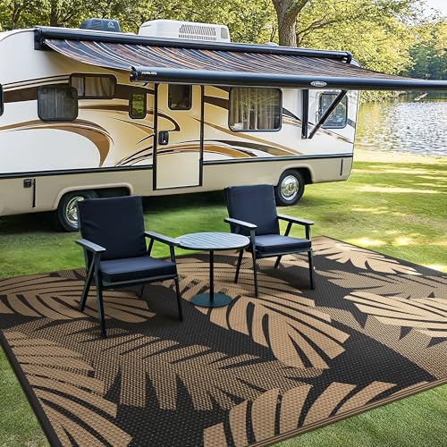 GENIMO Waterproof Outdoor Rug 9' x 12' for Patio Decor, Reversible Plastic Straw Area Rugs for Camping Clearance, RV Mat, Large Outside Carpet for Porch, Deck, Picni, Balcony, Garden, Black & Brown
