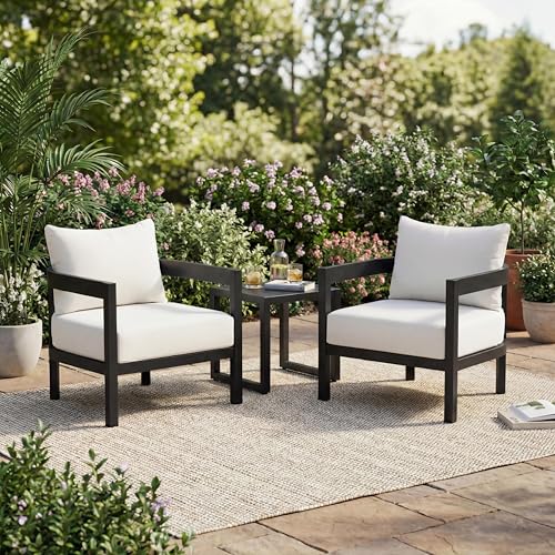 Christopher Knight Home Lula Aluminum Lounge Chair Outdoor Set of 2 with Removable Cushion, Metal Frame Patio Accent Chair, Patio Garden Comfy Reading Chair, Beige+Black