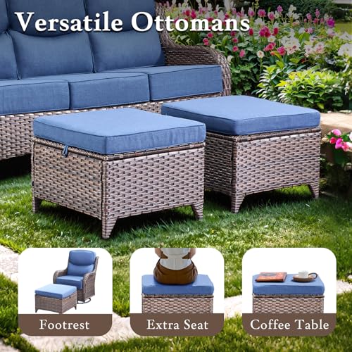 moosprr Luxury High Back Outdoor Furniture with 6-inch Extra Thick Cushions, Patio Furniture Set with Swivel Chairs, 7 PCS Wicker Conversation Set for Yard, Deck, Poolside, Brown/Blue