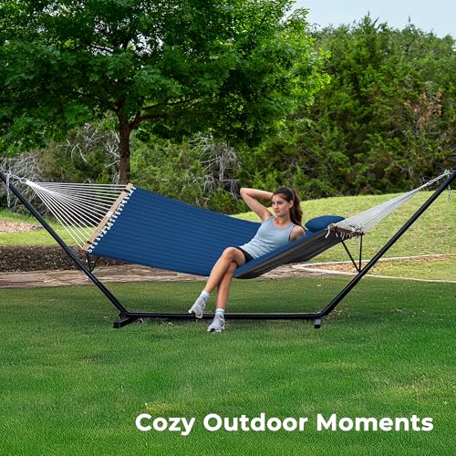 SUPERJARE Hammock with Stand, 2 Person Quilted Outdoor Hammock, Detachable Pillow & Bamboo Spreaders, Portable Hammock with Carrying Bag, Heavy Duty Stand, Perfect for Outside, Patio, Navy Blue