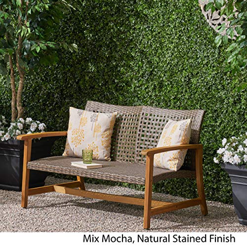 Great Deal Furniture Marcia Outdoor Wood and Wicker Loveseat, Natural Finish with Mix Mocha Wicker,Mix Mocha, Natural Stained Finish,307798