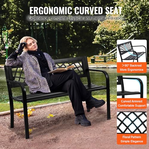 VEVOR Outdoor Bench, 46" Iron Steel Frame Garden Park Bench with Mesh Pattern and Plastic Backrest Armrests, Patio Bench for Garden, Park, Yard, Front Porch