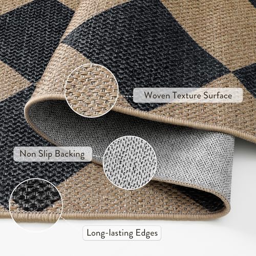 Lahome Colette Checkered Easy Jute 3x5 Outdoor Patio Rug, Washable Rugs for Entryway Diamond Indoor Outdoor Living Room Carpet, Farmhouse Neutral Non Slip Black Door Carpet for Backyard Bedroom