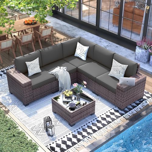 UDPATIO Patio Furniture Set, 8 Inch Armrest Outdoor Sectional Sofa with Wicker Coffee Table, 6 Piece Conversation for Garden, Backyard, Dark Grey