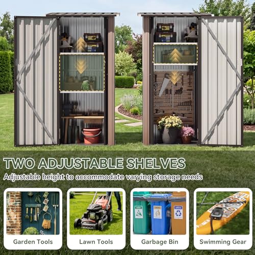 Aoxun Outdoor Storage Cabinet Shed - Vertical Cabinet with Floor, 2 Adjustable Shelves & Lockable Doors, Waterproof Small Tool Shed, for Backyard Garden Patio Lawn Indoor, Brown