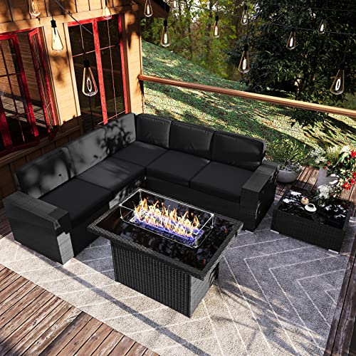 Vakollia 7 Pieces Patio Furniture Set with 44" Propane Gas Fire Pit Table, Outdoor Sectional Wicker Conversation Sofa Sets with Coffee Table