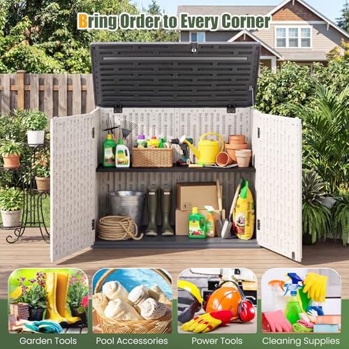 Tangkula Large Outdoor Storage Cabinet, 20 Cu.Ft Horizontal Resin Storage Shed with Adjustable Shelf & Lockable Doors, Weatherproof Patio Storage Box for Gardening Tools Cushions (White)