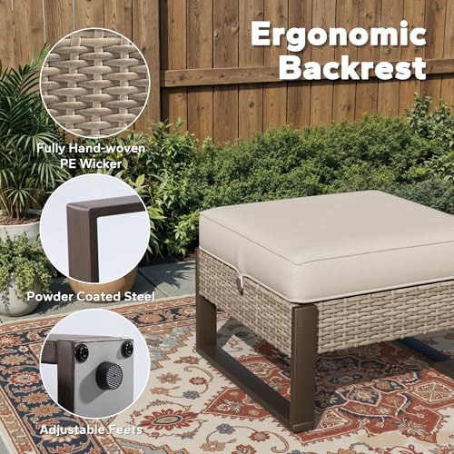 Joyside Outdoor Patio, All-Weather PE Rattan Ottomans Footstools with Removable Cushions & Anti-Rust Wood-Looking Legs for Garden, Backyard, Porch, Deck (Beige)