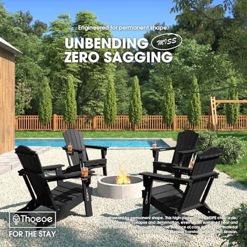THOEOE Folding Adirondack Chair Set of 2,HDPE All-Weather Outdoor Chair with Cup Holder,Wooden Textured,Fire Pit Chair,Plastic Patio Chair for Deck,Backyard,Garden,Lawn, Black