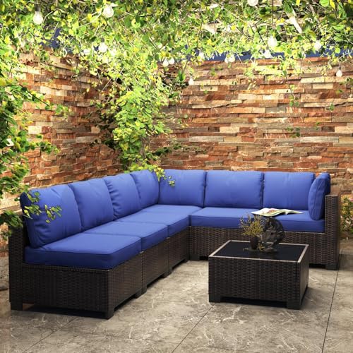 TrailBlaze 7-Piece Outdoor Patio Sectional Sofa Set - All-Weather PE Rattan Wicker Conversation Furniture with Thick Navy Blue Cushions & Glass Top Coffee Table - for Garden, Balcony, Porch - Brown
