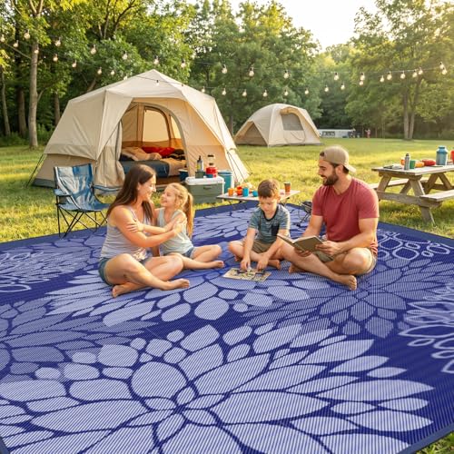 Mattitude Outdoor Rug 8' x 10' Waterproof, Reversible Portable Plastic Straw Area Rugs, Patio Carpet for RV Camping, Porch, Deck, Backyard, Camper, Pool, Picnic, Blue & White