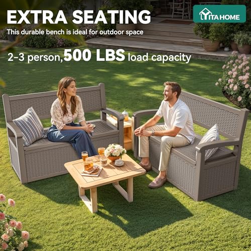 YITAHOME 70 Gallon Deck Bench with Storage, Outdoor Storage Box Bench with Armrests for Patio Garden Pool Porch, Waterproof&Lockable, Light Brown