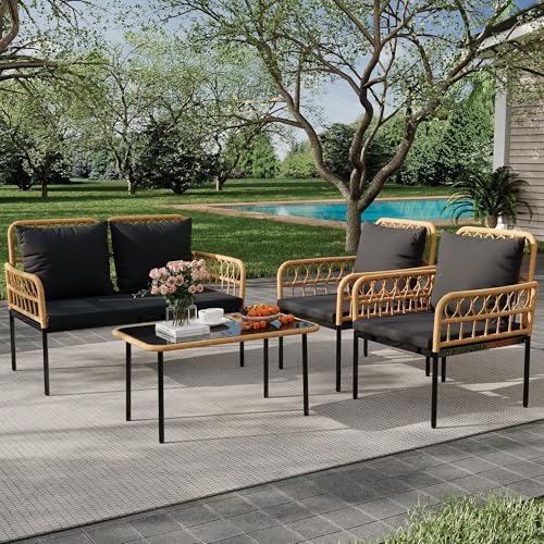 TrailBlaze 4 Piece Patio Conversation Set with Loveseat, Boho Wicker Outdoor Furniture with Glass Side Table & Detachable Cushions, All-Weather Balcony Set for Backyard Porch - Black