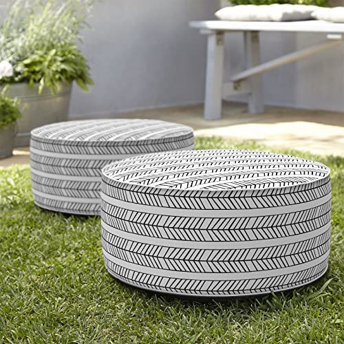 TWLEAR Indoor/Outdoor Inflatable Ottoman D21 x H9 inch, Round Footstool Inflatable Foot Rest Ottoman with Handle, Portable Ottomans Pouf for Patio, Garden, Camping, Home, Herringbone Black White