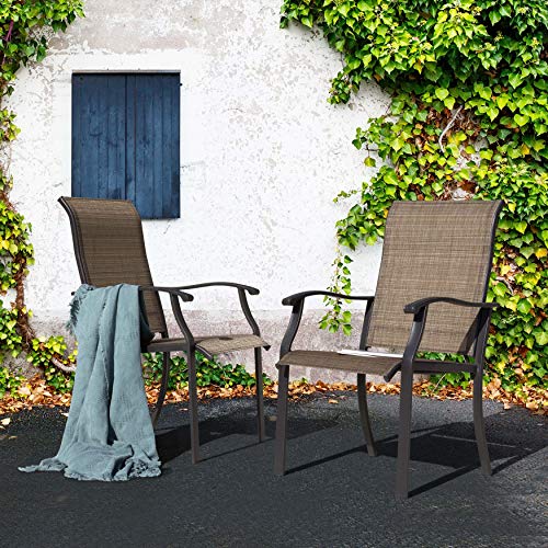 NUU GARDEN 4 Piece Outdoor Patio Dining Chairs, Textilene Dining Chairs with High Back, Patio Furniture Chairs with Armrest, Iron Frame for Lawn Garden Backyard Deck, Black and Brown