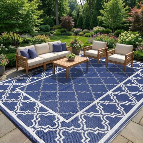 Garvee Reversible Outdoor Rug 5x8, Waterproof Outdoor Plastic Straw Rug with Interlacing Pattern, RV Mat for Picnics, Patio, Camping, Balcony, Deck, Backyard, Porch, Blue