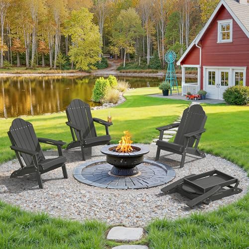 LUE BONA Folding Adirondack Chair, Chairs Set of 4, Cup Holder, Woodgrain, Fire Pit, Patio, Pool, Black