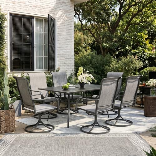 Anmutig 7-Piece Outdoor Patio Dining Set, Outdoor Furniture 6 Sling Dining Swivel Chairs and Steel Frame Slat Rectangular Table with 1.57" Umbrella Hole for Backyard, Grey