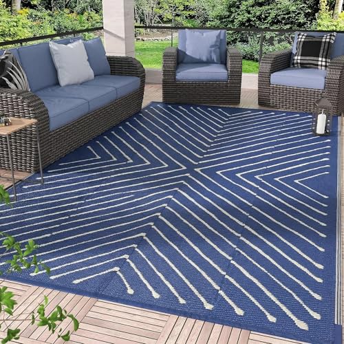 Garvee Striped 5x8 Outdoor Rug Waterproof Reversible Patio Mat, Portable Lightweight Plastic Straw Camping Rug for RV, Balcony, Backyard, Porch, Beach, Picnic, UV Protected & Easy Clean, Navy & White