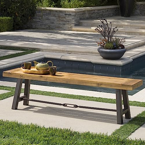 Christopher Knight Home Catriona Outdoor Acacia Wood Bench with Metal Accents, Teak Finish / Rustic Metal 14. 50 x 63 x 17. 75 inches
