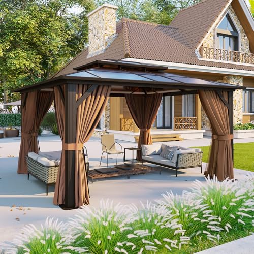 Aoxun 12'x10' Hardtop Gazebo, Aluminum Frame Permanent Pavilion with Curtains and Netting, Outdoor Polycarbonate Double Roof Canopy, Designed for Garden, Lawns, Patio, Brown