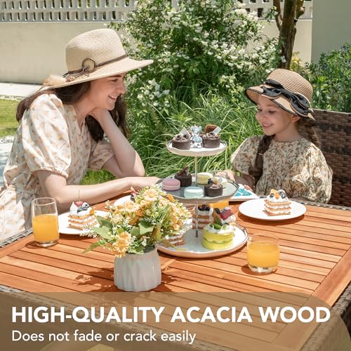 Devoko 5 PCS Furniture, Patio Conversation Set with Acacia Wood Top, Rattan Outdoor Dining Table and Chairs for Backyard, Garden, Deck, Brown