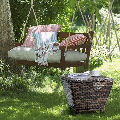 VINGLI Outdoor Side Table with Storage, 13-Gallon Patio Deck Box Outdoor Wicker Side Table for Poolside Balcony Storage Table (Brown, Trapezoid)