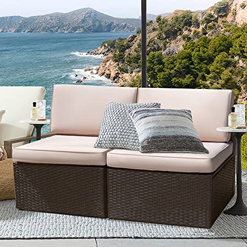 Devoko 2 Pieces Patio Furniture Sets,Wicker Outdoor Sofa with Thick Cushion and Pillow,Small Sectional Couch All-Weather Armless Sofa for Backyard,Porch & Poolside,Waterproof Patio Furniture