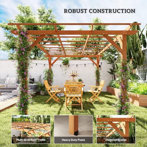 Outsunny 10' x 13' Outdoor Pergola, Wood Gazebo Grape Trellis with Stable Structure and Concrete Anchors for Climbing Plant Support, Garden, Patio, Backyard, Deck, Dark Brown