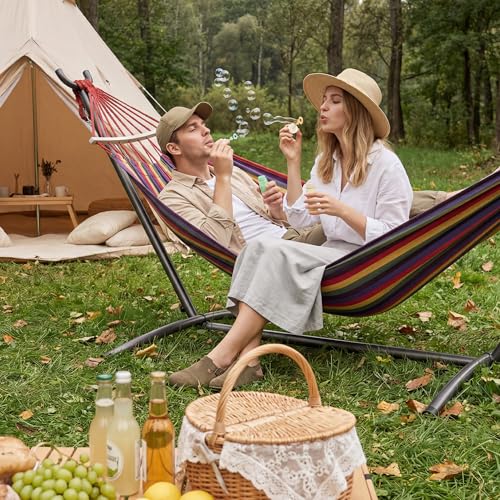 EveryFun Double Hammock with Heavy-Duty Steel Stand,Portable,Easy Assembly,600lbs Weight Capacity,Perfect for Indoor,Yard,Camping,or Outdoor-Rainbow